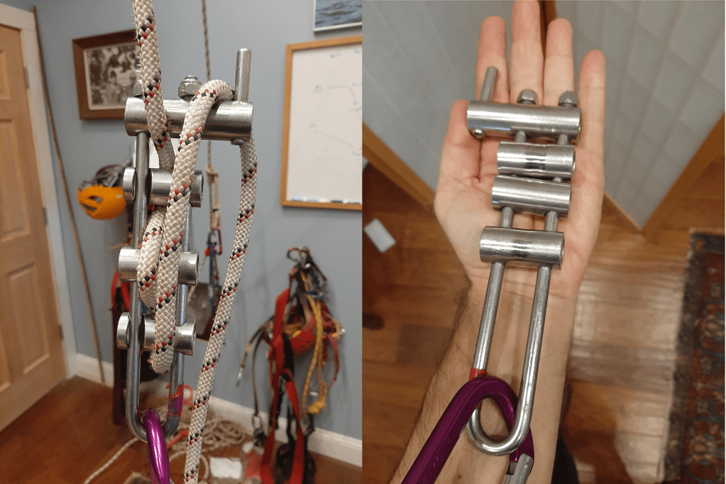 Image shows a micro-rack on 10mm rope on the left and on the right, the fore-arm/palm of a left hand for scale,