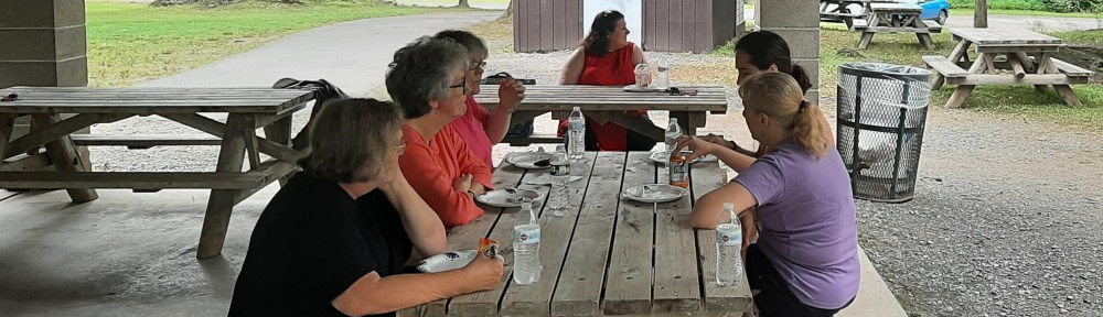 5 people sitting at a picnic table perpendicular to camera, 6th at a table in the background.