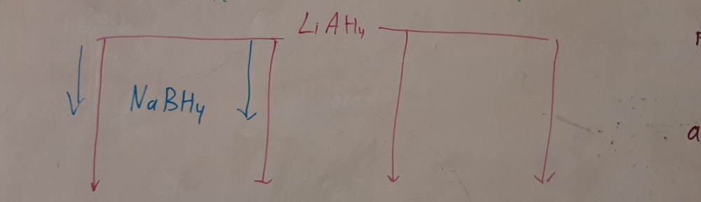 Whiteboard with 4 organic molecules showing how they're reduced with LiAH4 and NaBH4