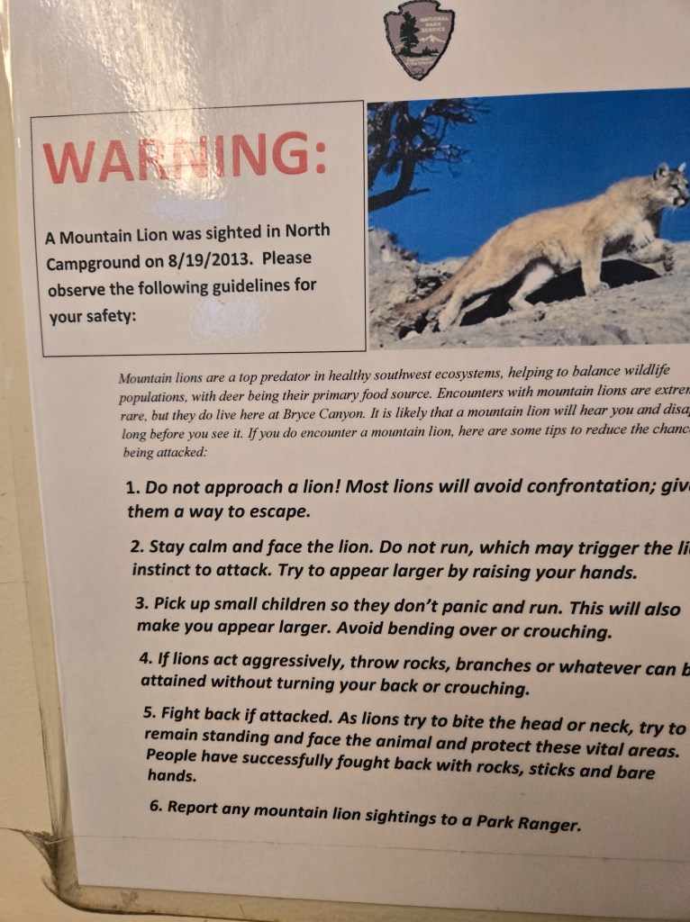 Sign on restroom door at Bryce Canyon warning about Mountain Lions spotted in the area. Almost 12 years ago!