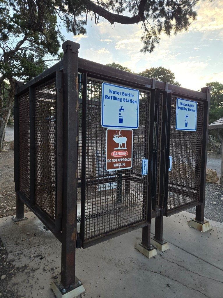Water Station at the South Kaibab trailhead. It's in a cage to prevent wildlife from getting to it.
