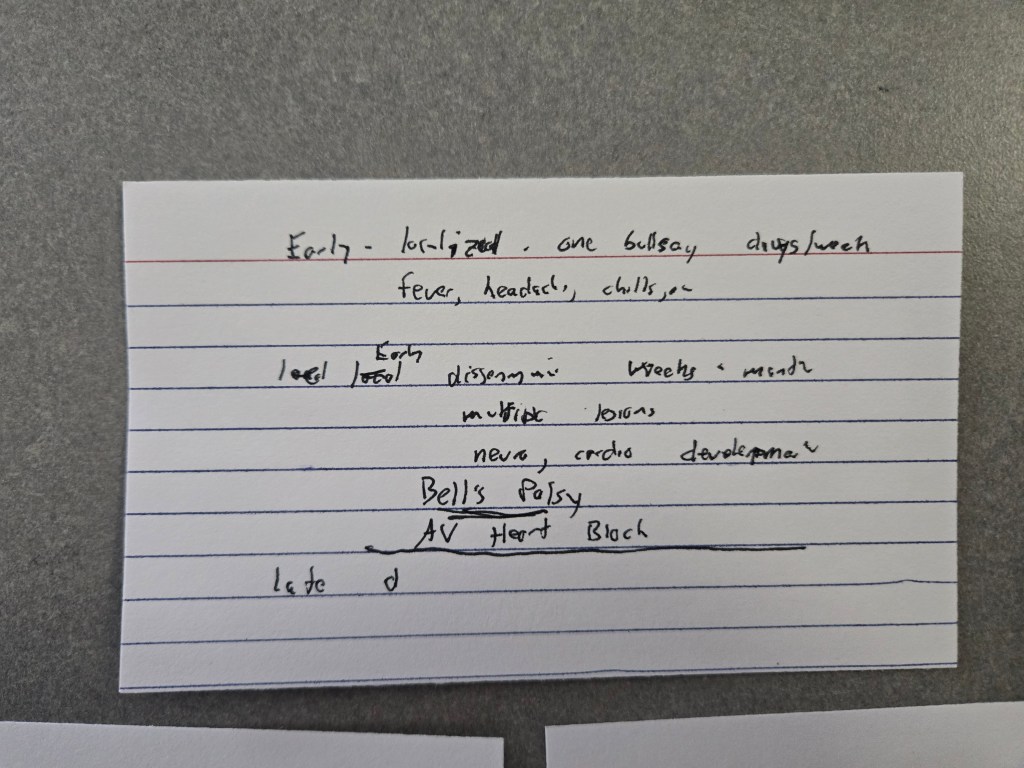 Index card with detailed notes about three stages of Lyme Disease