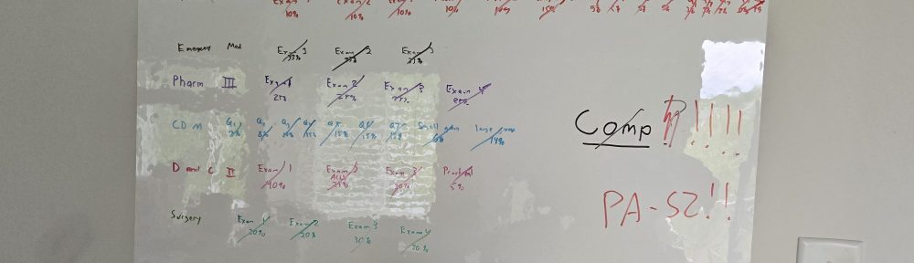 White board with a list of all my exams crossed out and a big one 'COMP' crossed out and the words PA-S2 added.